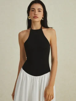 Hot Two-Tone Halter Long Dress White Dresses|Casual Dresses