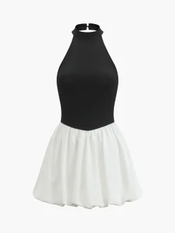 Hot Two-Tone Halter Puff Short Dress White Dresses|Work Dresses