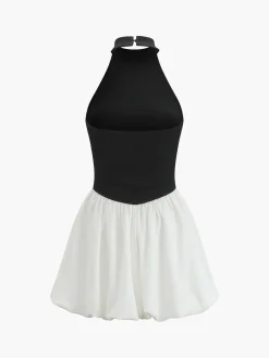 Hot Two-Tone Halter Puff Short Dress White Dresses|Work Dresses