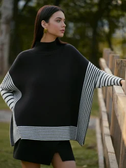 New Two-Tone Pinstripe Split Knit Top Knitwear|Tops