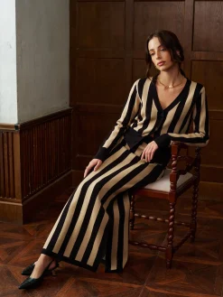 Best Two-Tone Pinstripe V-Neck Button Sweater Skirt Set Knitwear|Matching Sets