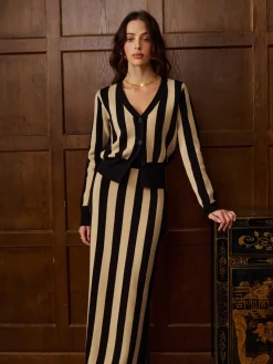 Best Two-Tone Pinstripe V-Neck Button Sweater Skirt Set Knitwear|Matching Sets