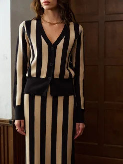 Best Two-Tone Pinstripe V-Neck Button Sweater Skirt Set Knitwear|Matching Sets