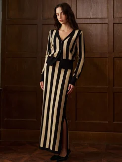Best Two-Tone Pinstripe V-Neck Button Sweater Skirt Set Knitwear|Matching Sets