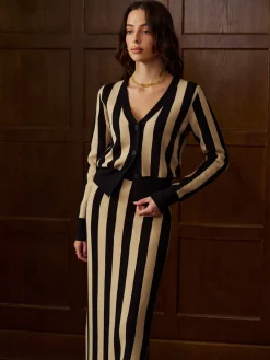 Best Two-Tone Pinstripe V-Neck Button Sweater Skirt Set Knitwear|Matching Sets