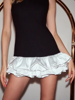 Best Two-Tone Satin Ruffle Tank Dress Black Dresses|Cocktail & Party Dresses