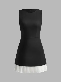 Discount Two-Tone Sleeveless Pleated Short Dress Black Dresses|Casual Dresses