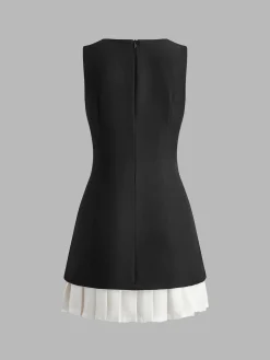 Discount Two-Tone Sleeveless Pleated Short Dress Black Dresses|Casual Dresses