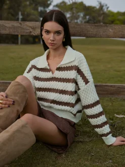 Outlet Two-Tone Striped Lapel Short Sweater Knitwear|Matching Sets