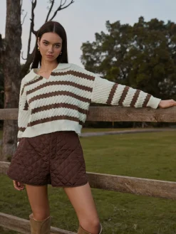 Outlet Two-Tone Striped Lapel Short Sweater Knitwear|Matching Sets