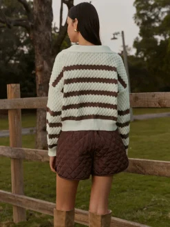 Outlet Two-Tone Striped Lapel Short Sweater Knitwear|Matching Sets