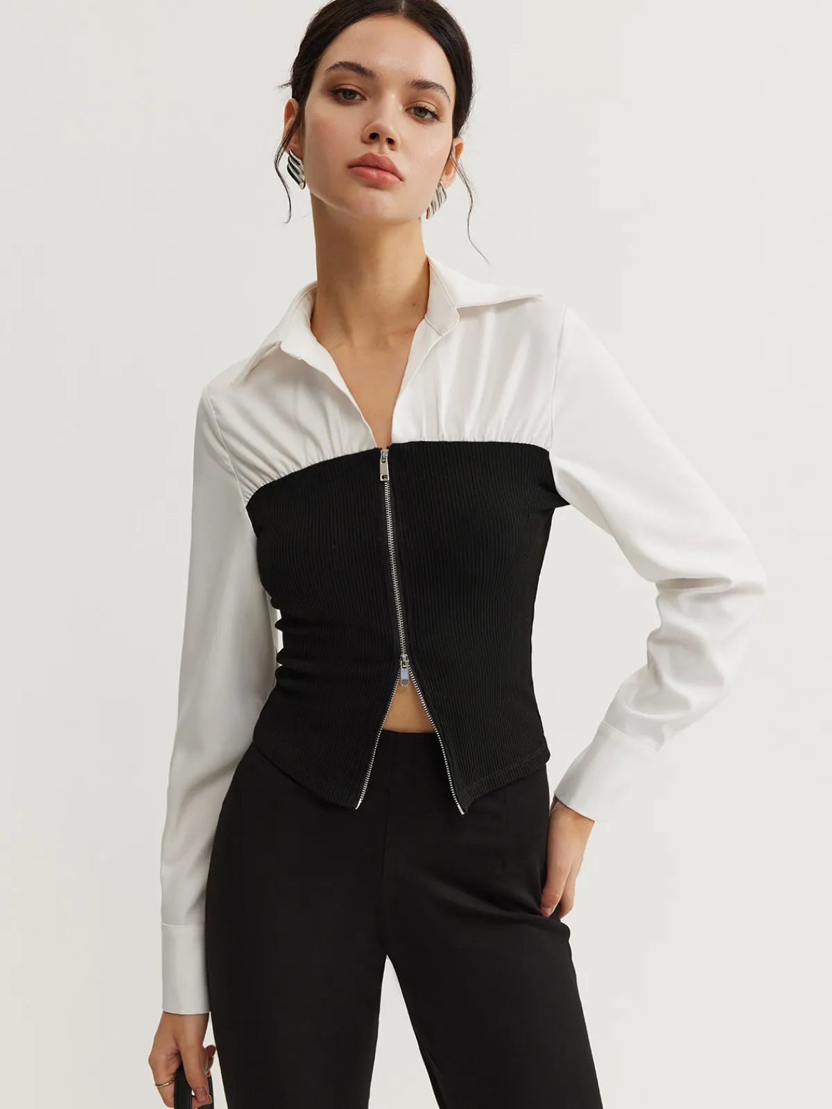 Hot Two-Way Zip Color Block Polo Shirt Blouses & Shirts|Tops