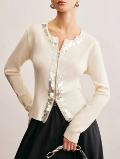 Clearance Two-Way Zip Sequins Cardigan Cardigans|Sweaters & Cardigans