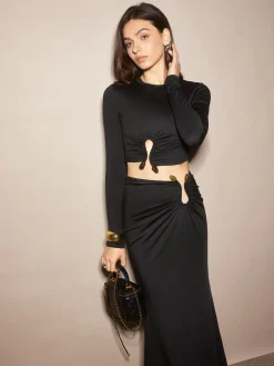 Discount U-Ring Cutout Crop Skirt Set Skirt Sets|Long Sleeve Sets