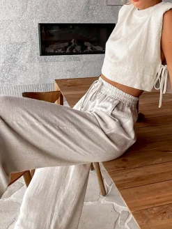 Outlet Utility Linen Two Piece Wide Leg Pants Set Pants Sets|Wide Leg