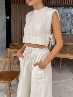 Outlet Utility Linen Two Piece Wide Leg Pants Set Pants Sets|Wide Leg