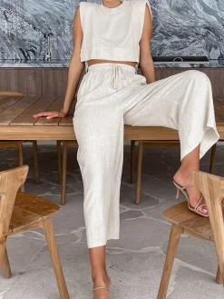 Outlet Utility Linen Two Piece Wide Leg Pants Set Pants Sets|Wide Leg