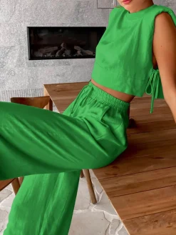 Outlet Utility Linen Two Piece Wide Leg Pants Set Pants Sets|Wide Leg