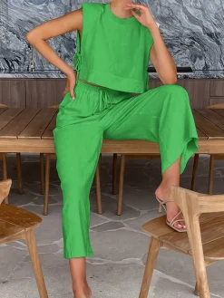 Outlet Utility Linen Two Piece Wide Leg Pants Set Pants Sets|Wide Leg