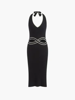 V Neck Halter Split Knit Dress White Dresses|Sweater Dresses