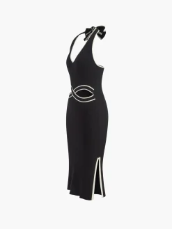 V Neck Halter Split Knit Dress White Dresses|Sweater Dresses