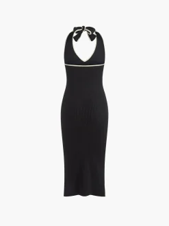 V Neck Halter Split Knit Dress White Dresses|Sweater Dresses