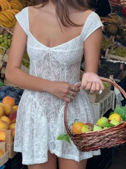 Best Vacation Lace Semi-Sheer Short Dress White Dresses|Vacation Dresses