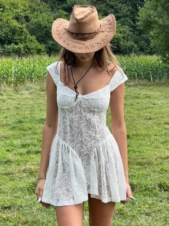 Best Vacation Lace Semi-Sheer Short Dress White Dresses|Vacation Dresses