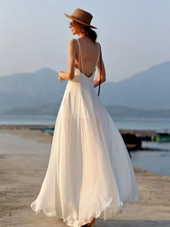 Best Vacay V-Neck Backless Cami Long Dress White Dresses|Vacation Dresses