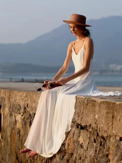 Best Vacay V-Neck Backless Cami Long Dress White Dresses|Vacation Dresses