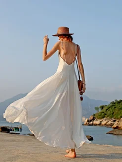 Best Vacay V-Neck Backless Cami Long Dress White Dresses|Vacation Dresses
