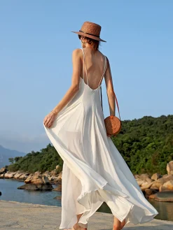 Best Vacay V-Neck Backless Cami Long Dress White Dresses|Vacation Dresses