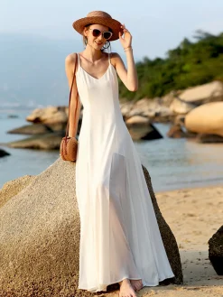 Best Vacay V-Neck Backless Cami Long Dress White Dresses|Vacation Dresses