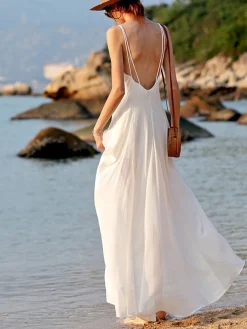 Best Vacay V-Neck Backless Cami Long Dress White Dresses|Vacation Dresses