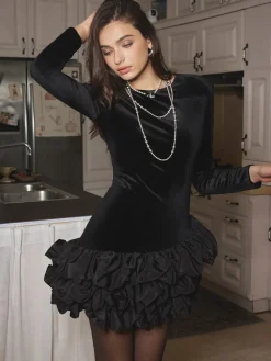 Outlet Velvet Bubble Dress With Shoulder Pads Black Dresses|Casual Dresses