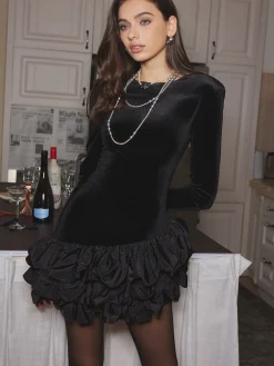 Outlet Velvet Bubble Dress With Shoulder Pads Black Dresses|Casual Dresses