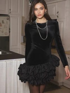 Outlet Velvet Bubble Dress With Shoulder Pads Black Dresses|Casual Dresses