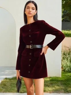 Hot Velvet Button Short Dress With Belt Dresses
