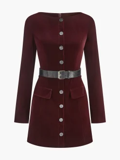 Hot Velvet Button Short Dress With Belt Dresses