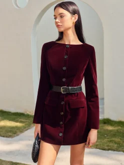 Hot Velvet Button Short Dress With Belt Dresses