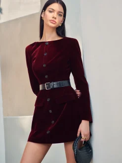 Hot Velvet Button Short Dress With Belt Dresses