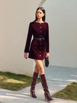Hot Velvet Button Short Dress With Belt Dresses