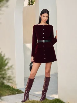 Hot Velvet Button Short Dress With Belt Dresses