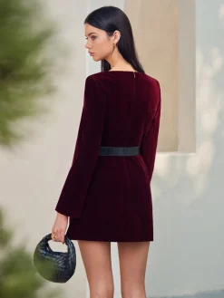 Hot Velvet Button Short Dress With Belt Dresses