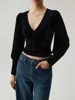 New Velvet Buttoned V-neck Long Sleeve Crop Top Crop Tops|Blouses & Shirts