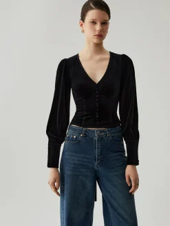 New Velvet Buttoned V-neck Long Sleeve Crop Top Crop Tops|Blouses & Shirts