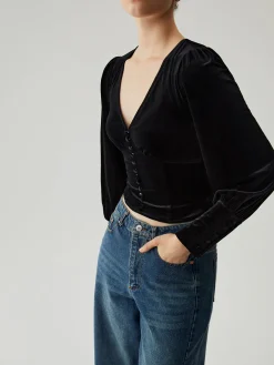 New Velvet Buttoned V-neck Long Sleeve Crop Top Crop Tops|Blouses & Shirts
