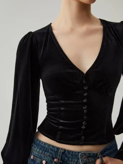 New Velvet Buttoned V-neck Long Sleeve Crop Top Crop Tops|Blouses & Shirts