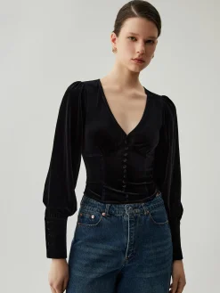 New Velvet Buttoned V-neck Long Sleeve Crop Top Crop Tops|Blouses & Shirts