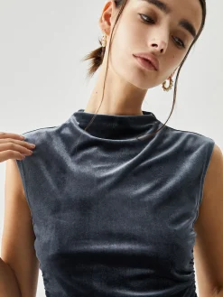 Discount Velvet Draped Mock Neck Sleeveless Crop Top Crop Tops|T-shirts